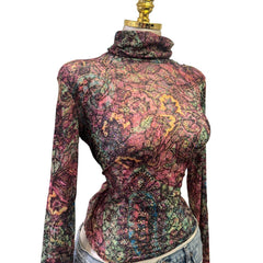 Y2K Vintage Green Pink Graphic Print Turtleneck Mesh Top [M]