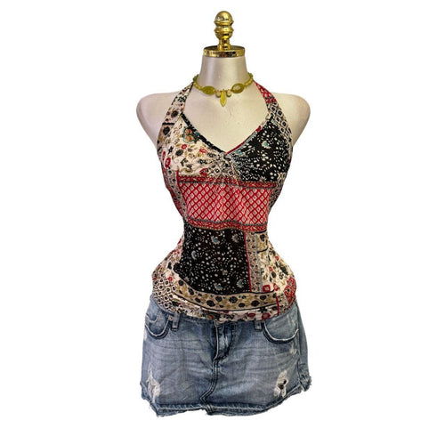 90s Vintage Red Brown Black Floral Halter Beads Top [M]
