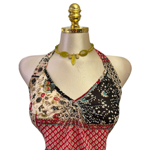 90s Vintage Red Brown Black Floral Halter Beads Top [M]