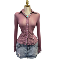 Y2K Vintage Mauve Purple Mesh Lace Long Sleeve Top  [M]