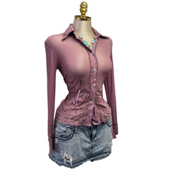 Y2K Vintage Mauve Purple Mesh Lace Long Sleeve Top  [M]