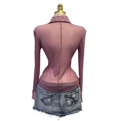 Y2K Vintage Mauve Purple Mesh Lace Long Sleeve Top  [M]