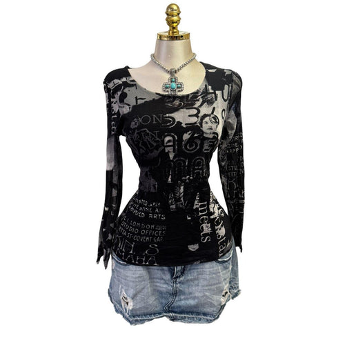Y2K Vintage Black Graphic Print Top [M]