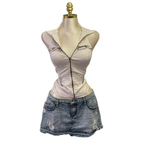 Y2k Vintage White Zipper Collared Halter Top [S]
