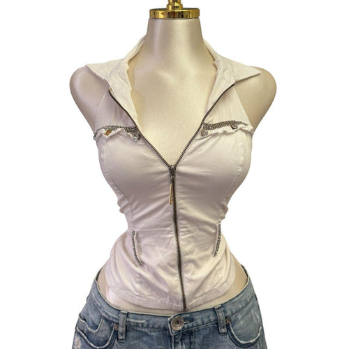 Y2k Vintage White Zipper Collared Halter Top [S]