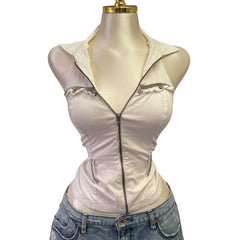 Y2k Vintage White Zipper Collared Halter Top [S]