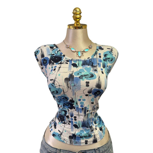 90s Vintage Blue Black Floral Artsy Top [M]