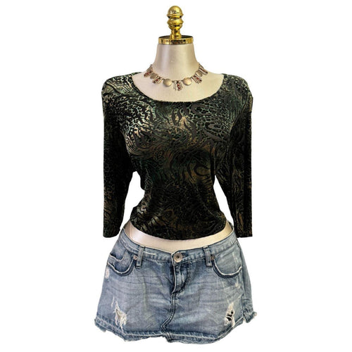 Y2K Vintage Black Green Leopard Velvet Mesh Top [L]