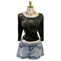 Y2K Vintage Black Green Leopard Velvet Mesh Top [L]