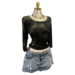 Y2K Vintage Black Green Leopard Velvet Mesh Top [L]