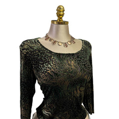 Y2K Vintage Black Green Leopard Velvet Mesh Top [L]