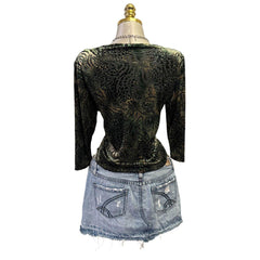 Y2K Vintage Black Green Leopard Velvet Mesh Top [L]