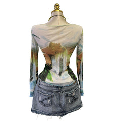 Y2K Vintage Green Blue Abstract Mesh Artsy Top [M]