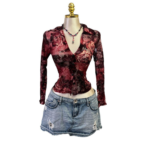 Y2K Vintage Red Floral Lace Long Sleeve Top [S]