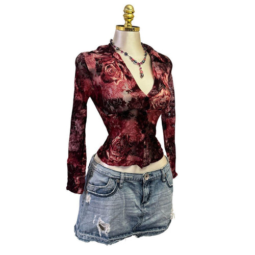 Y2K Vintage Red Floral Lace Long Sleeve Top [S]