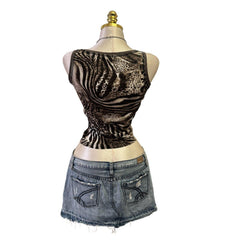 Y2K Vintage Black Beige Animal Print Sequin Top [M]