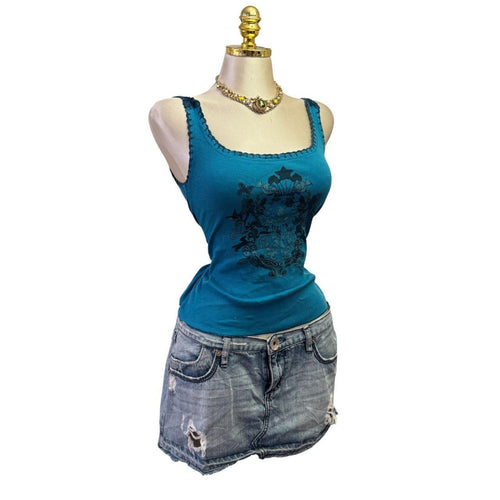 90s Vintage Blue Pattern Crochet Straps Top [S]