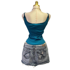 90s Vintage Blue Pattern Crochet Straps Top [S]
