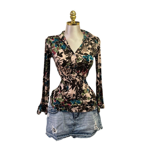 Y2k Vintage Brown Floral Leafy Collar Top  [S]