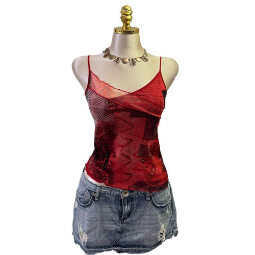 90s Vintage Red Pattern Mesh Top  [XS]