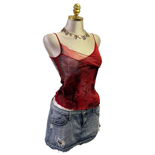 90s Vintage Red Pattern Mesh Top  [XS]