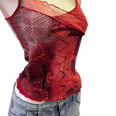 90s Vintage Red Pattern Mesh Top  [XS]