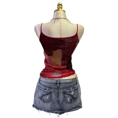 90s Vintage Red Pattern Mesh Top  [XS]