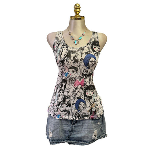 90s Vintage White Sketch Artsy Multi-color Top [L]