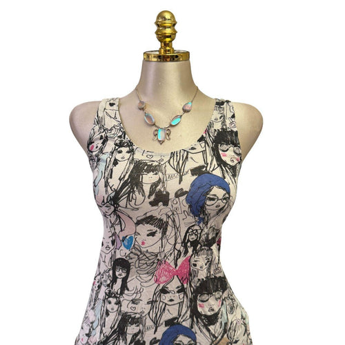 90s Vintage White Sketch Artsy Multi-color Top [L]