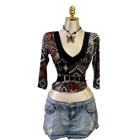 Y2K Vintage Black Gray Sheer Zebra Top [M]