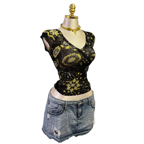 Y2K Vintage Black Green Pattern Tie Back Top [S]