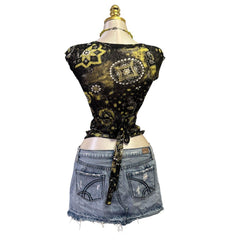 Y2K Vintage Black Green Pattern Tie Back Top [S]