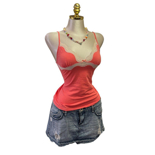 90s Vintage Orangey Pink Lace Top [XS]