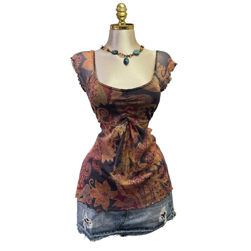 Y2K Vintage Orange Black Paisley Mesh Peplum Top [M]
