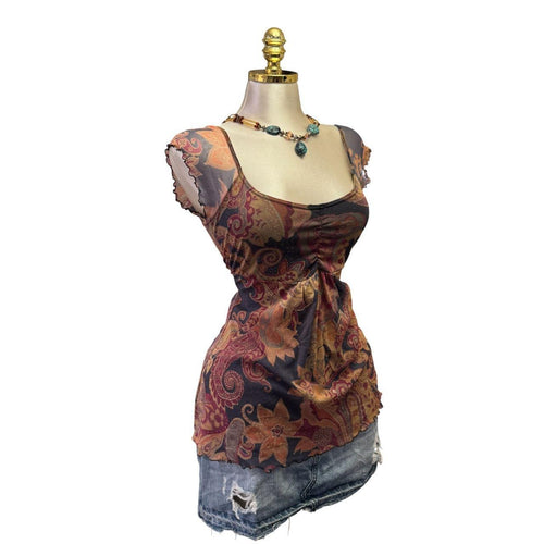 Y2K Vintage Orange Black Paisley Mesh Peplum Top [M]