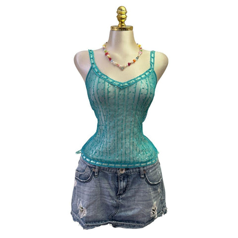 Y2K Vintage Desigual Red Black Beaded Sequin Asymmetrical Neck Top [S]