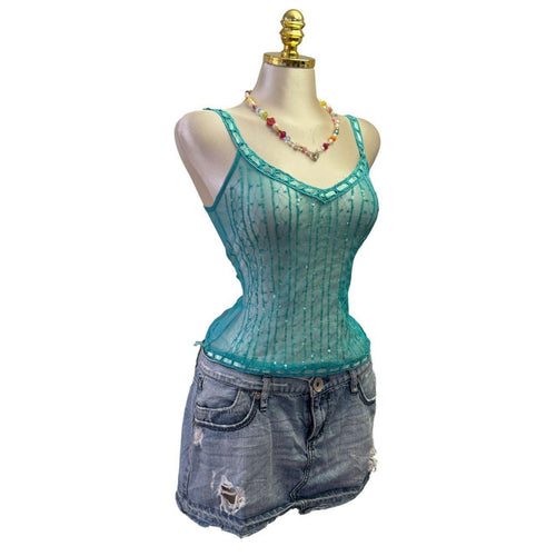 90s Vintage Aqua Blue Sequin With Ribbon Mesh Top [XS]