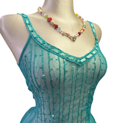 90s Vintage Aqua Blue Sequin With Ribbon Mesh Top [XS]