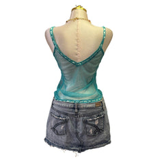 90s Vintage Aqua Blue Sequin With Ribbon Mesh Top [XS]