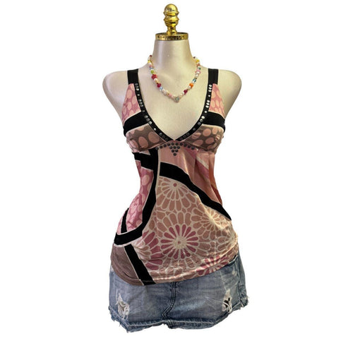 90s Vintage Pink Black Studs Floral Top  [XS]