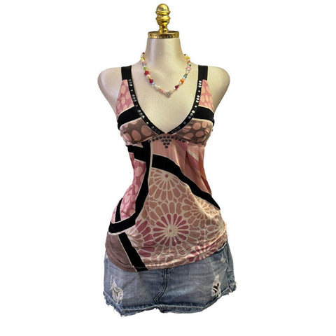 Y2K Vintage Desigual Red Black Beaded Sequin Asymmetrical Neck Top [S]
