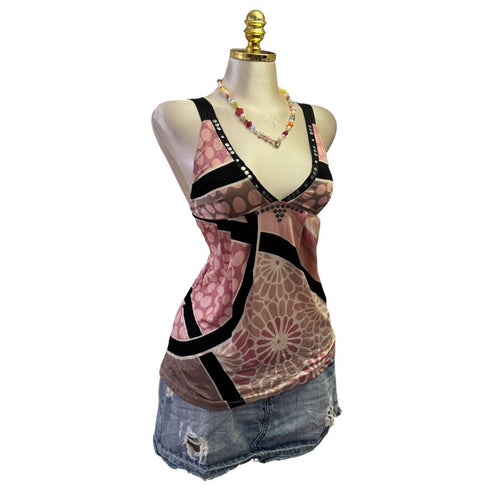 90s Vintage Pink Black Studs Floral Top  [XS]