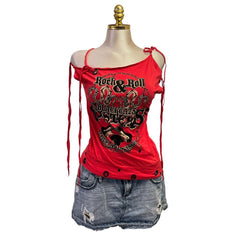 Y2K Vintage Rock And Roll Red W Eyelets Top [M]