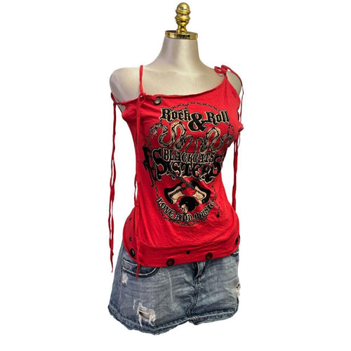 Y2K Vintage Rock And Roll Red W Eyelets Top [M]