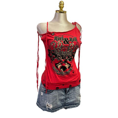 Y2K Vintage Rock And Roll Red W Eyelets Top [M]