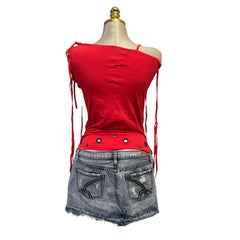 Y2K Vintage Rock And Roll Red W Eyelets Top [M]