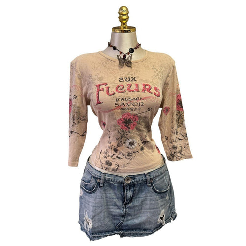 90s Vintage Aux Fleur Beige Pink Sequin Top [L]
