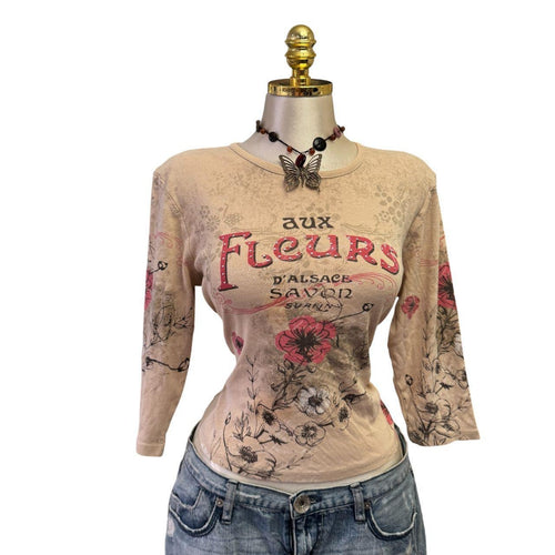 90s Vintage Aux Fleur Beige Pink Sequin Top [L]