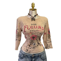 90s Vintage Aux Fleur Beige Pink Sequin Top [L]