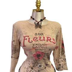 90s Vintage Aux Fleur Beige Pink Sequin Top [L]